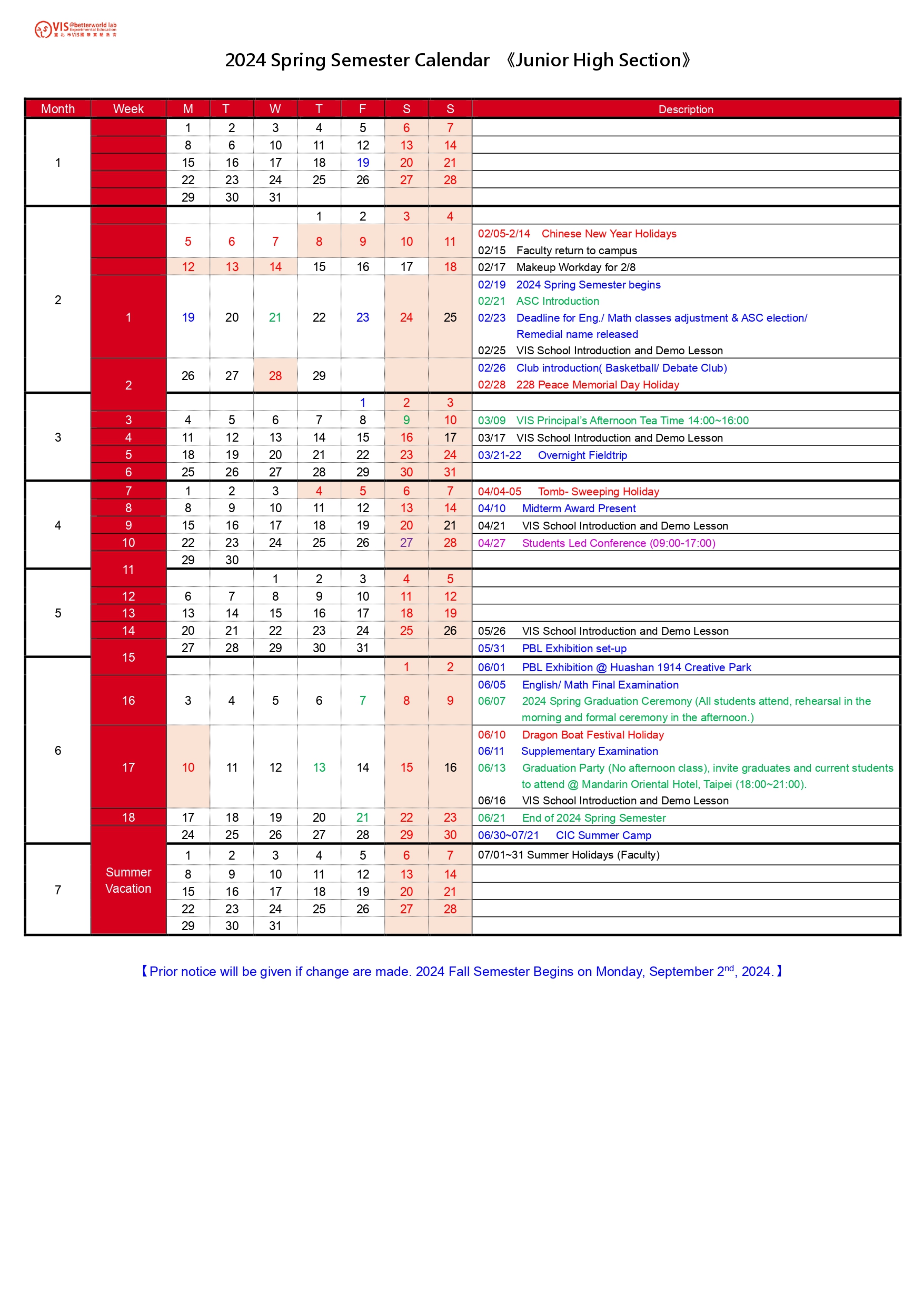 SCHOOL CALENDAR - VIS國際實驗教育