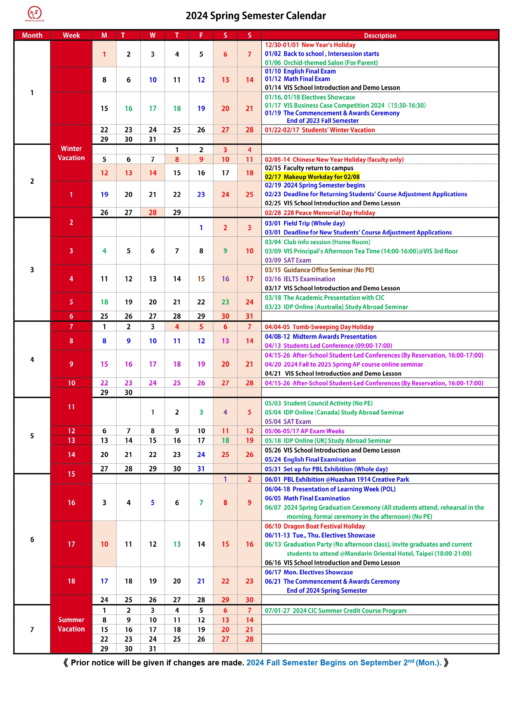 SCHOOL CALENDAR - VIS國際實驗教育